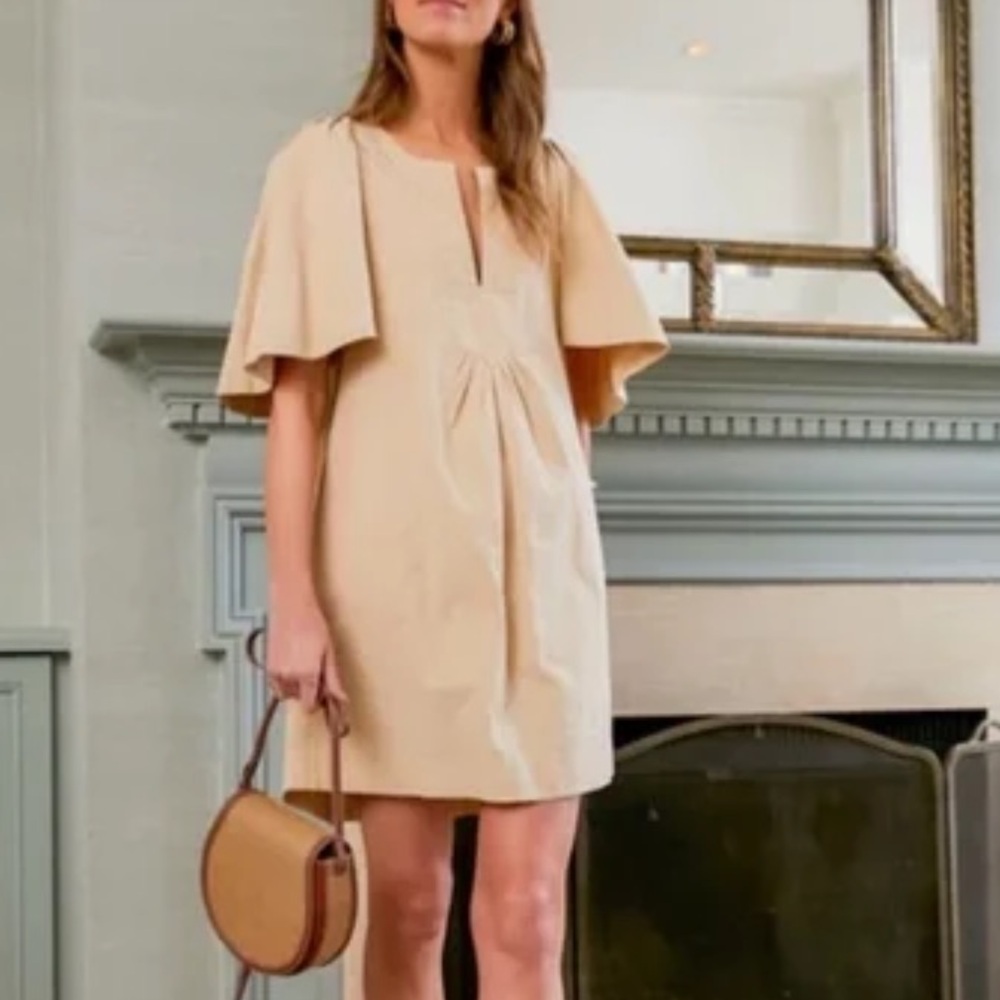 Pomander Place Finley Flutter Sleeve Mini Dress in Beige
